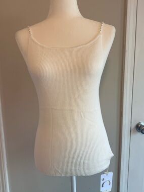 Ribbed Cream Beaded Strap Tank Top